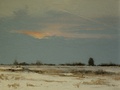 A painting of dawn over winter fields by artist Simon Bland